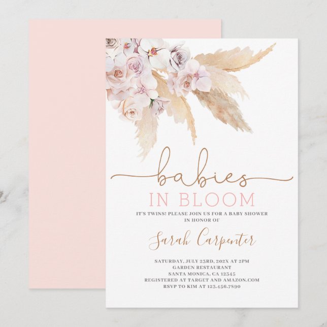 Invitation Pampas Baby shower Twin Girls Grass (Devant / Derrière)