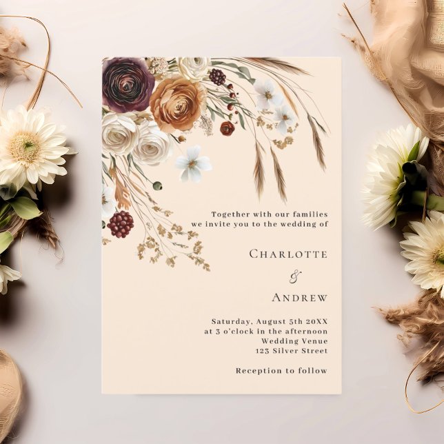 Invitation Pampas beige bordeaux fleuris mariage de luxe (Créateur téléchargé)