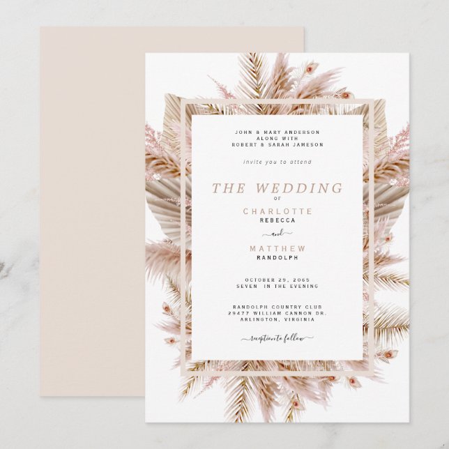 Invitation Pampas Beige Les Deux Parents Mariage II (Devant / Derrière)