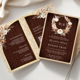 Invitation Pampas Beige Neutre Terreux Floral Bois Mariage