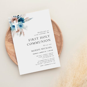 Invitation pampas bleu poussiéreux première communion
