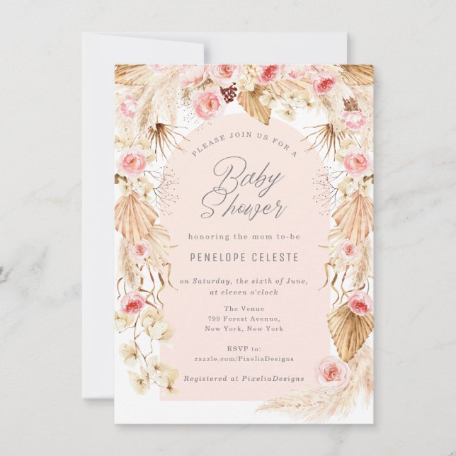 Invitation Pampas bohème fleuri à arc rose bohème (Devant)