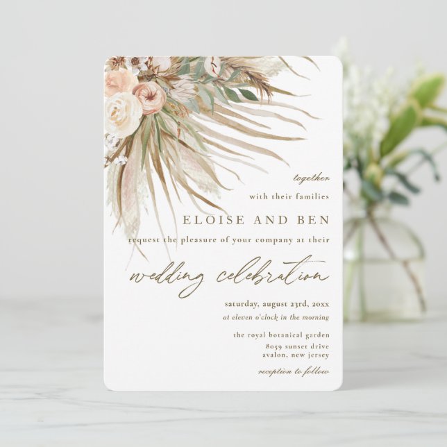 Invitation Pampas Bohème Grass Tons Terme Mariage Floral (Debout devant)