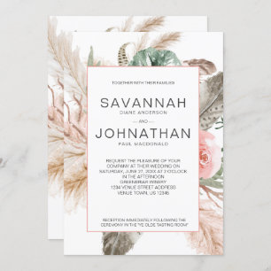 Invitation Pampas Boho, Monstera, Plumes tropicales Florales