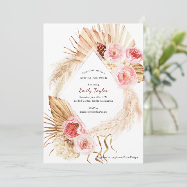 Invitation Pampas Boho rose pâle Aquarelle Florale Bride (Debout devant)