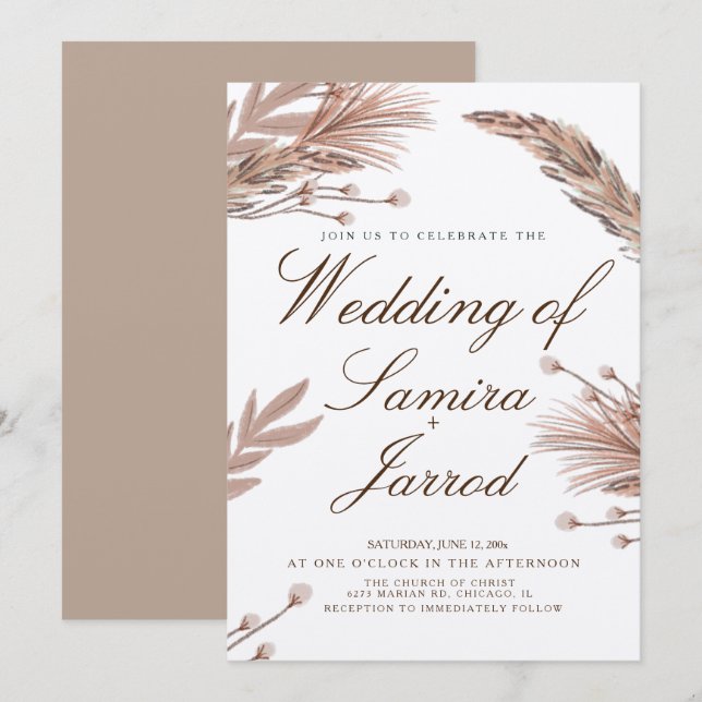 Invitation Pampas botanique dessinés à la main Mariage Kraft (Devant / Derrière)
