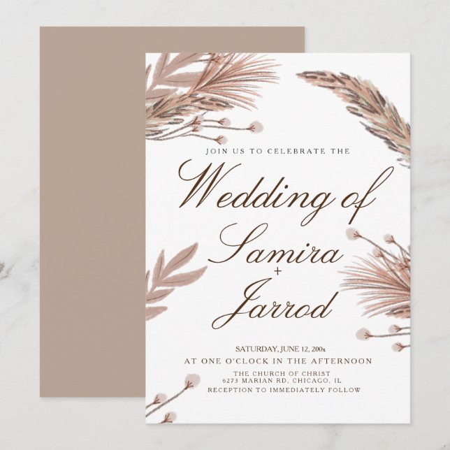 Invitation Pampas botaniques dessinés à la main pour mariage (Devant / Derrière)
