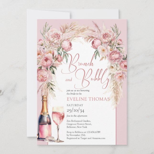 Invitation Pampas brunch boho pampas rose et mousseux (Devant)