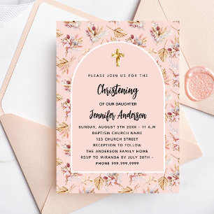 Invitation Pampas Christening florales rose or rose fille