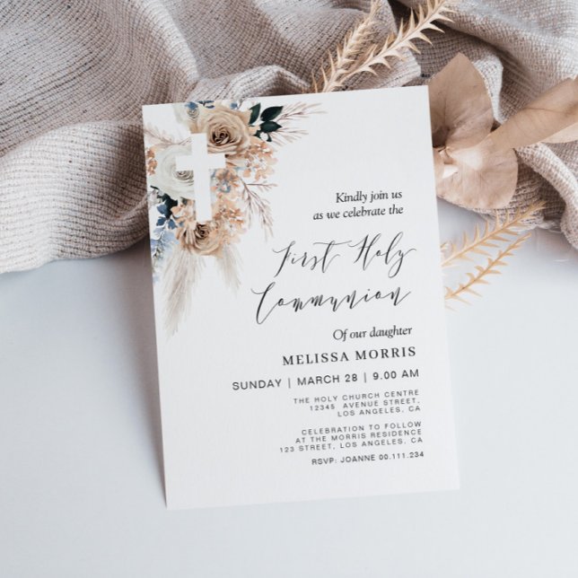 Invitation pampas croix florale première communion sainte (Créateur téléchargé)