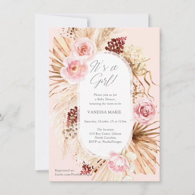 Invitation Pampas d'aquarelle rose boho fleurie arche pampas  (Devant)