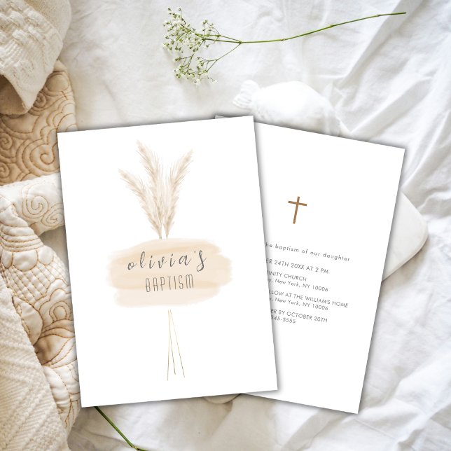 Invitation Pampas de Boho Neutre Moderne Christening Baptême (Neutral Modern Boho Pampas Christening Baptism Invitation)