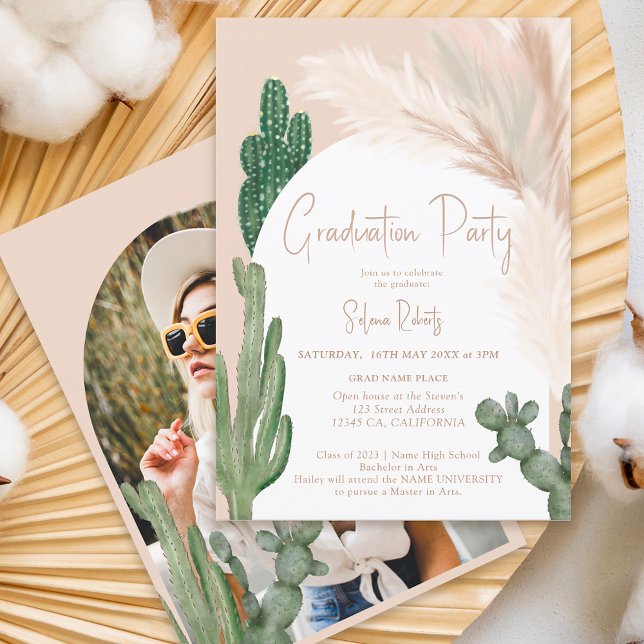 Invitation Pampas de cactus rustique Boho Arch photo graduati (Créateur téléchargé)
