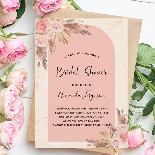 Invitation Pampas de douche nuptiale rose or blush boho (Créateur téléchargé)
