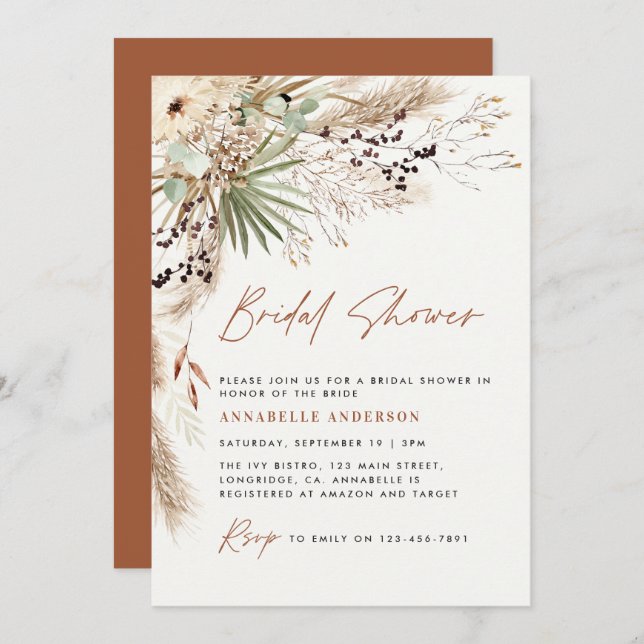 Invitation Pampas douche nuptiale herbe moderne boho élégant (Devant / Derrière)