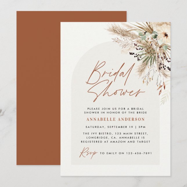 Invitation Pampas douche nuptiale herbe moderne boho élégant (Devant / Derrière)