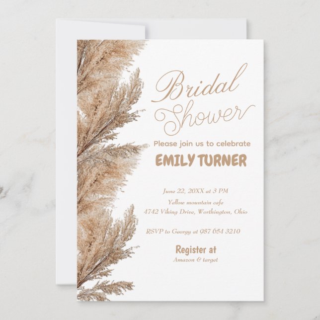 Invitation Pampas douche nuptiale minimaliste (Devant)