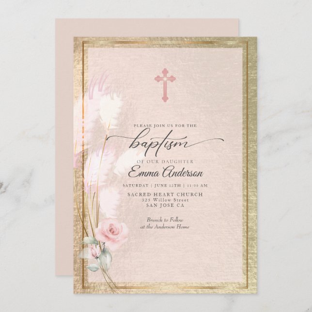 Invitation Pampas en or rose Grass Floral BAPTISM (Devant / Derrière)