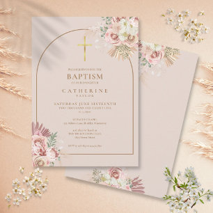 Invitation Pampas en or rose Grass Girl Baptême Christening