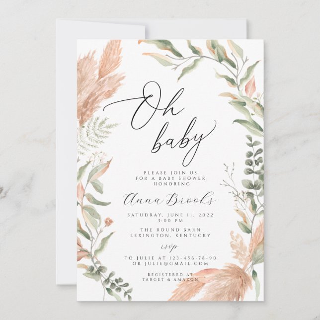 Invitation Pampas et boho verdoyant Oh Baby baby shower (Devant)