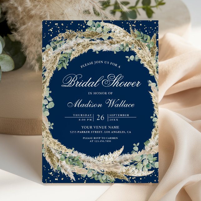Invitation Pampas Eucalyptus Wreath Navy Blue Bridal Shower (Créateur téléchargé)