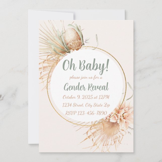 Invitation Pampas Feuille de Palmier Tons Neutres Boho Révéla (Devant)