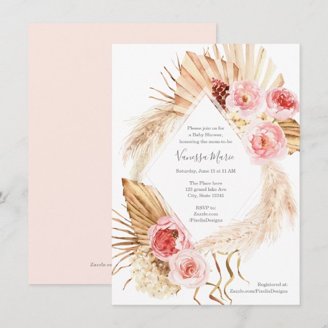 Invitation Pampas fleurie Boho moderne baby shower d'herbe (Devant / Derrière)