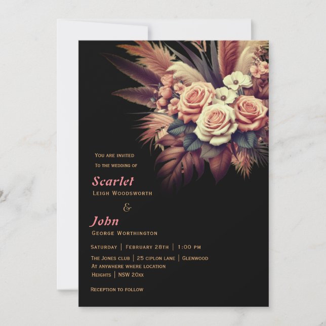 Invitation Pampas fleurie boho vintage mariage (Devant)