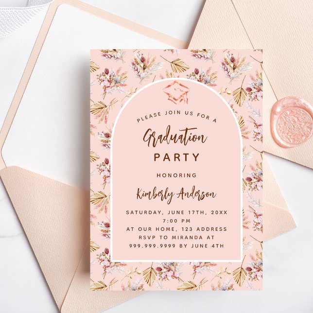 Invitation Pampas fleurie rose or luxe fête graduation (Créateur téléchargé)