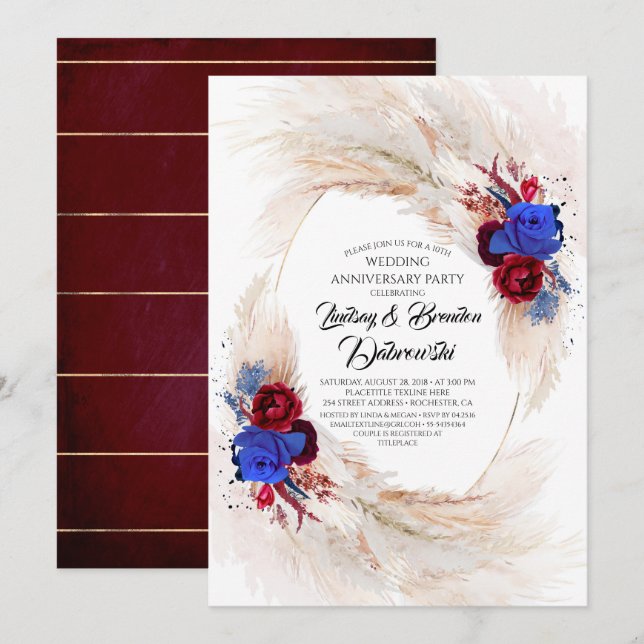 Invitation Pampas Fleuris Exotiques Mariage Anniversaire (Devant / Derrière)