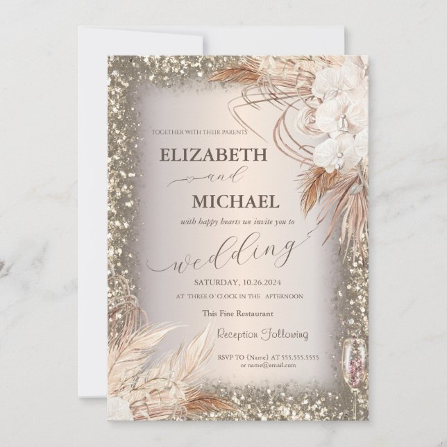 Invitation Pampas Fleurs Grass Sequins Cadre (Devant)
