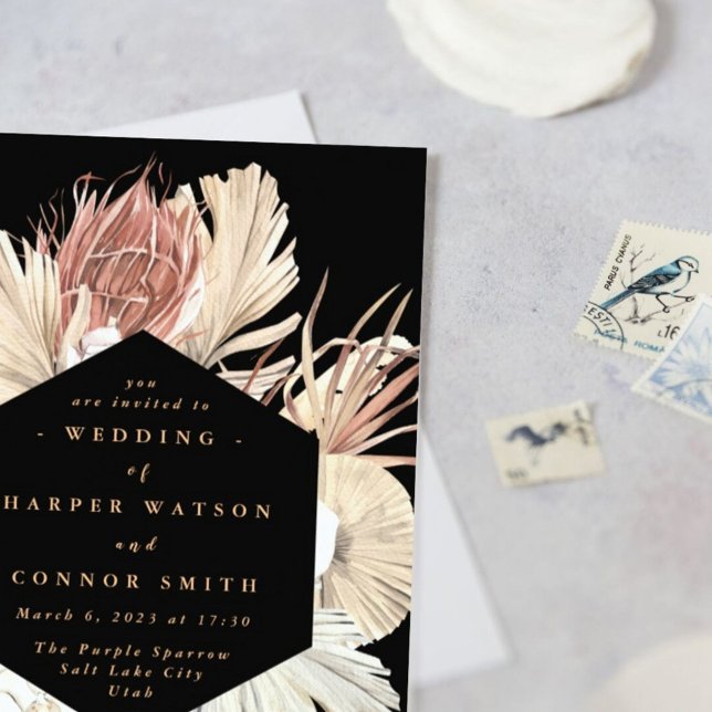 Invitation Pampas Floral Herbe Tropicale Jungle Noir (Créateur téléchargé)