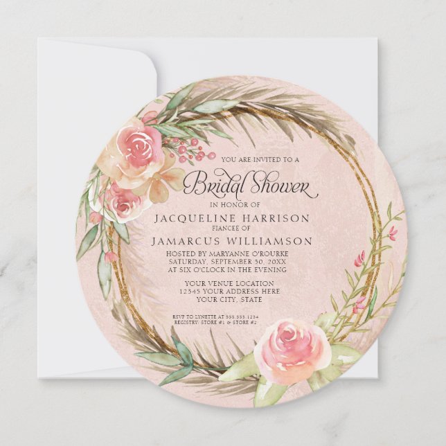 Invitation Pampas Florale Pampas Rose Aquarelle ronde BOHO (Devant)