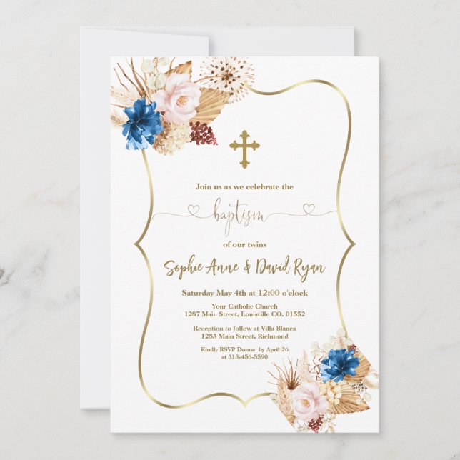 Invitation Pampas Florale Rose Bleu Grass Calligraphie Baptêm (Devant)