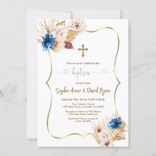 Invitation Pampas Florale Rose Bleu Grass Calligraphie Baptêm