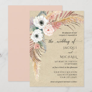 Invitation Pampas Florale Rose Boho Pampa Grass Folithe Kraft