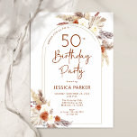 Invitation Pampas Grass Arch Terracotta Boho 50e anniversaire<br><div class="desc">Invitation de fête du 50e anniversaire en terre cuite brûlée orange et blanc. Bel design moderne minimaliste aux accents botaniques peints à la main. Caractéristiques pampas herbe, feuille, rose et typographie script. Thème du désert tendance bohème parfait pour l'automne, l'hiver, le printemps ou l'été. Vous pouvez choisir des invitations imprimées...</div>
