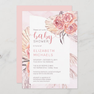 Invitation Pampas Grass  Baby shower fille en fleurs rose