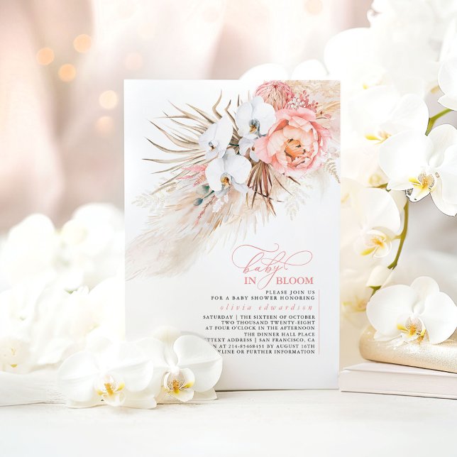 Invitation Pampas Grass Bébé rose pâle dans le Baby shower en (Baby in Bloom Pink Flowers, White Orchids and Pampas Grass Baby Shower Invitations)