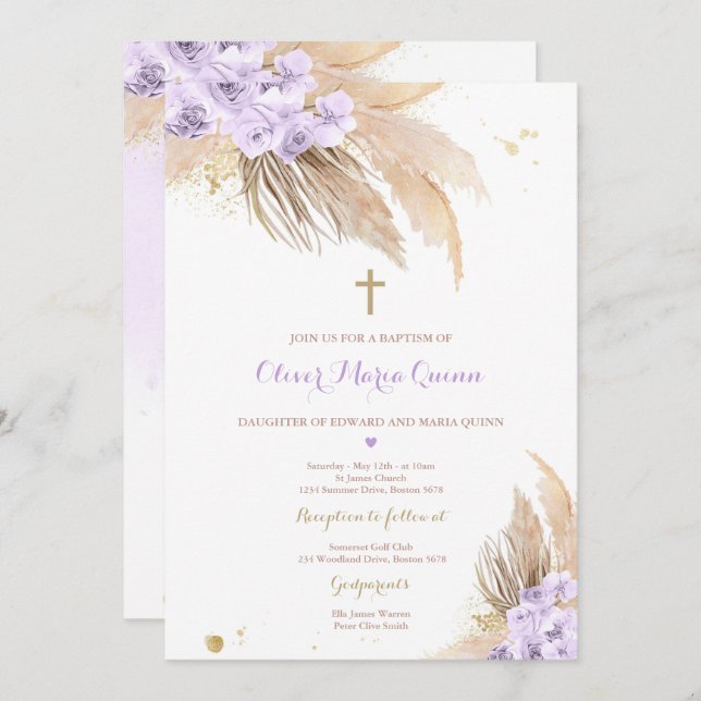 Invitation Pampas Grass Bohème Baptême Boho Christening (Devant / Derrière)
