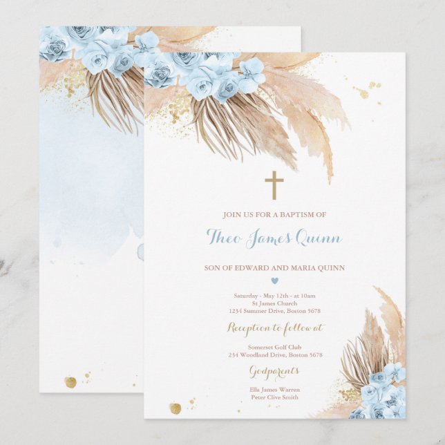 Invitation Pampas Grass Bohème Baptême Boho Christening (Devant / Derrière)