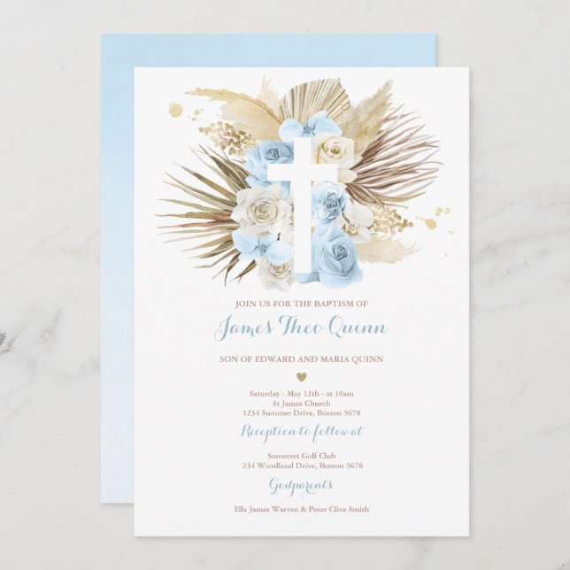Invitation Pampas Grass Bohème Baptême Boho Christening (Devant / Derrière)