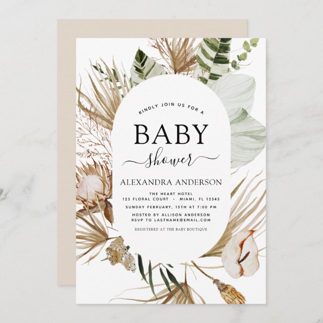 Invitation Pampas Grass Bohème Bohème Baby shower Tropical Da (Devant / Derrière)