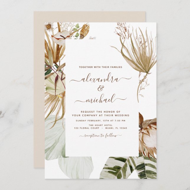 Invitation Pampas Grass Bohème Bohème Mariage Tropical Invita (Devant / Derrière)