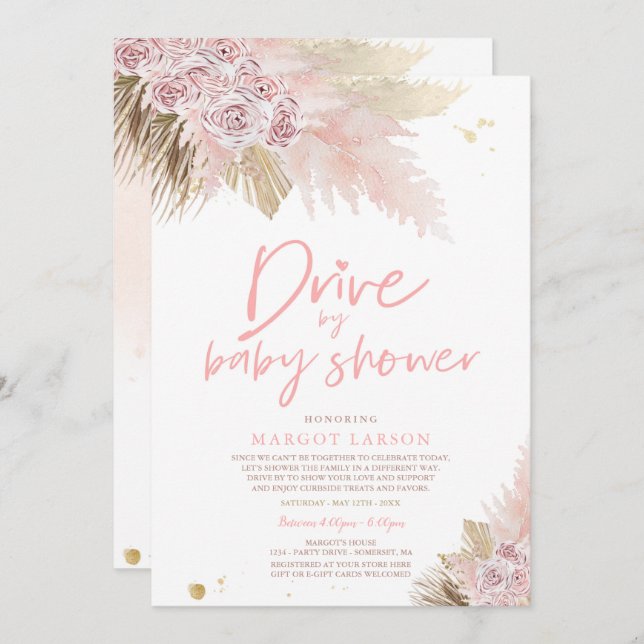 Invitation Pampas Grass Bohemian Drive Par Baby shower (Devant / Derrière)