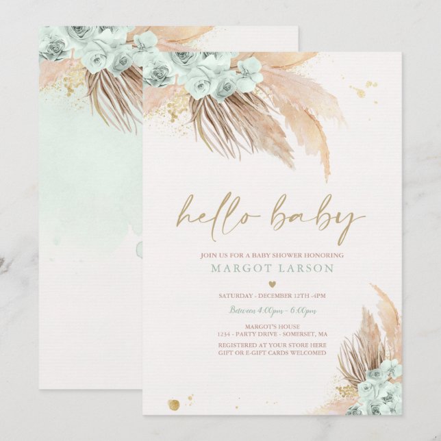 Invitation Pampas Grass Bohemian Sage Green Baby shower (Devant / Derrière)