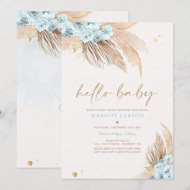 Invitation Pampas Grass Bohemian Sea Blue Baby shower (Devant / Derrière)