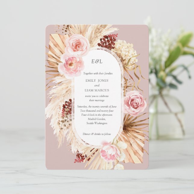 Invitation Pampas Grass Boho aquarelle Dusty Rose mariage (Debout devant)
