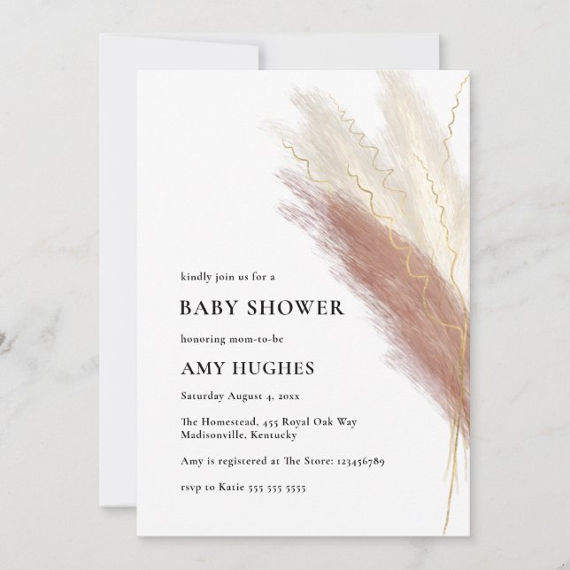 Invitation Pampas Grass Boho Blush Pink Gold Baby shower Invi (Devant)