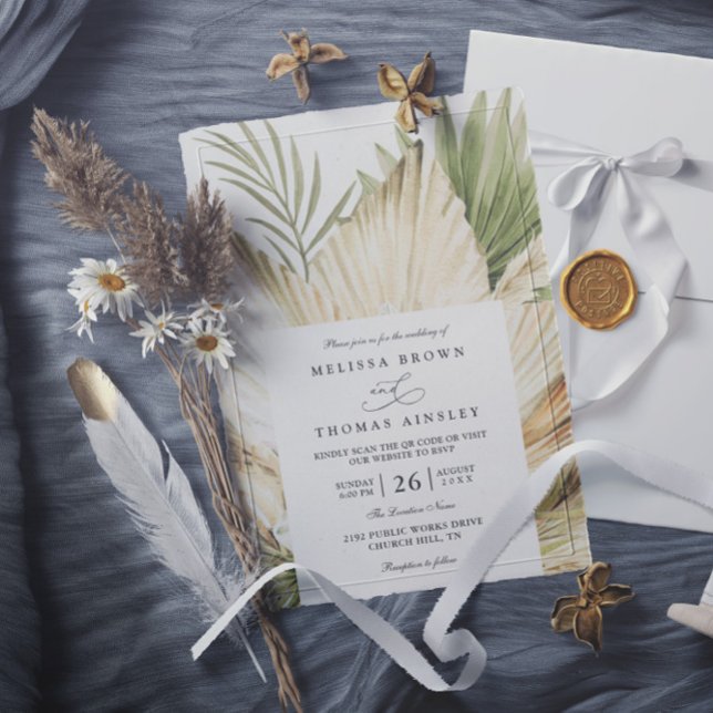 Invitation Pampas Grass Boho Bouquet Chic QR Code Wedding (Créateur téléchargé)